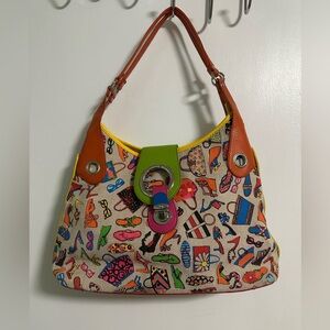 Vintage Sydney Love Handbag Shoe Glasses Print Neon Multicolor Large Bag Purse